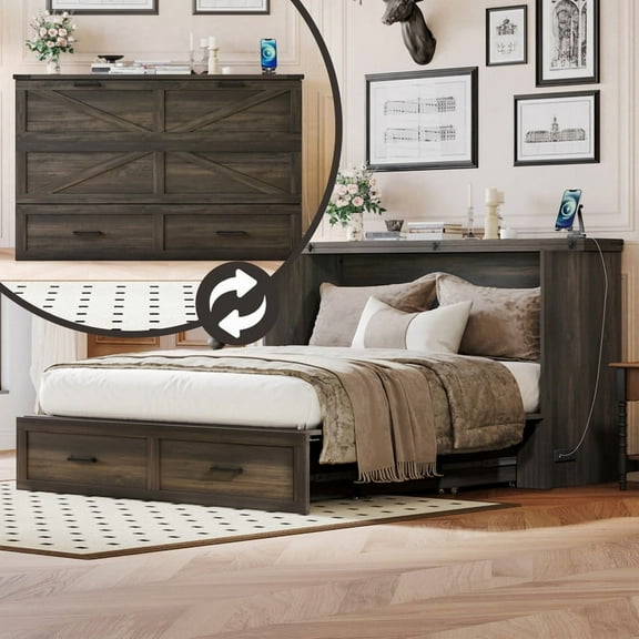 HICOMILA Queen Size Murphy Bed with Drawer and USB Charging Station, Foldable Platform Bed for Guest Room, White