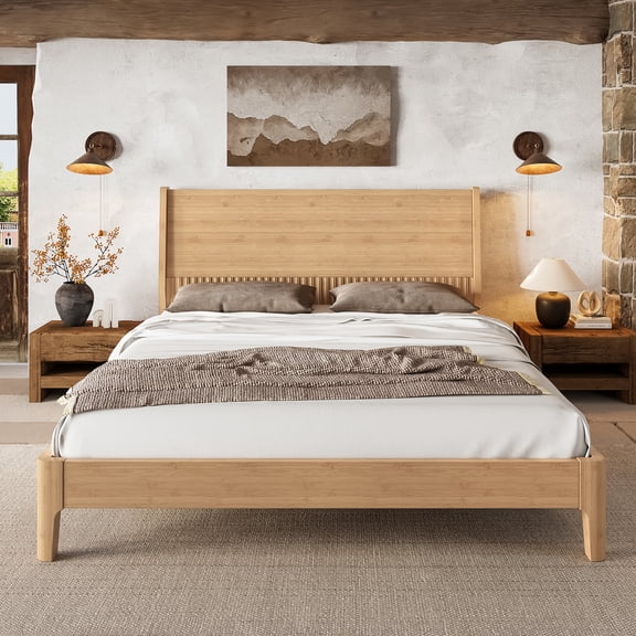 HICOMILA Queen Size Platform Bed with Tall Headboard, Solid Bamboo-made Platform BedfFrame with Support Slats, Queen Bed Frame for Bedroom, Guest Rooms, Dorms, Natural