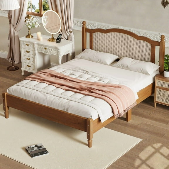 HICOMILA Queen Size Platform Bed with Rattan Headboard, Wooden Platform Bed, Walnut