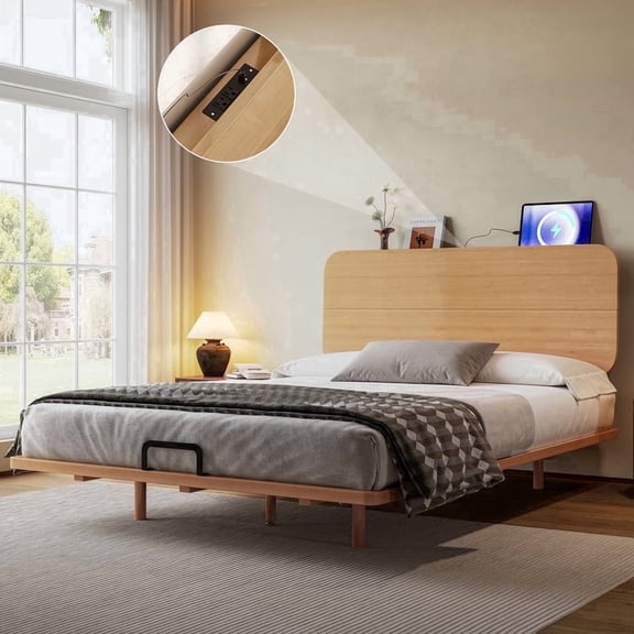 HICOMILA Queen Size Solid Bamboo Floating Platform Bed with Headboard, Built-in USB Charging Ports & Support Slats, No Box Spring Needed, High Weight Capacity for Bedroom, Guest Room (Natural)