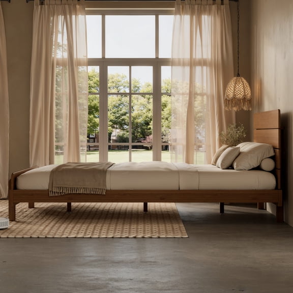 HICOMILA Queen Size Solid Bamboo Platform Bed with Headboard, Upgraded Support Slats, No Box Spring Needed, Noise-Reducing Frame for Bedroom, Guest Room (Natural)