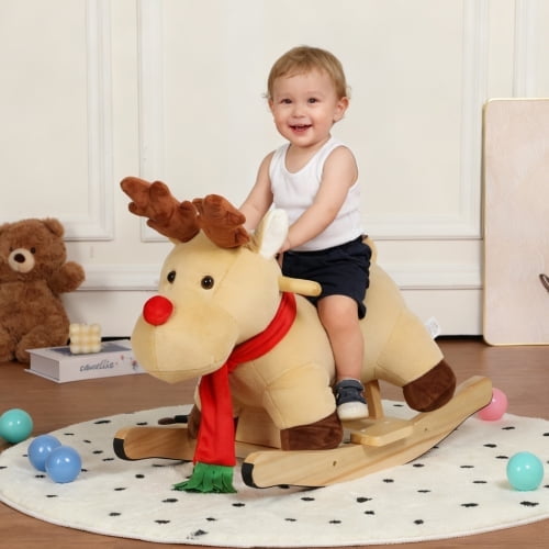 HICOMILA Ride-On Rocking Horse Toy with Lullaby Song, Moose Rocking Toy with Hand Puppets and Safety Belt For 1-3 Years, Soft Plush Fabric, Apricot