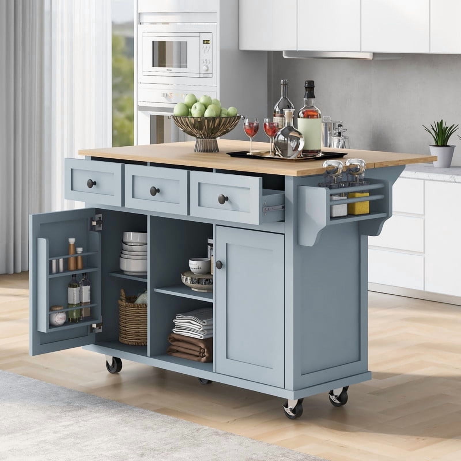 HICOMILA Kitchen Island Cart with Drop Leaf, Rolling Kitchen Island on Wheels with Storage Cabinet, Rubber Wood Countertop, 5 Drawers & Cabinet Door Storage Racks, Blue
