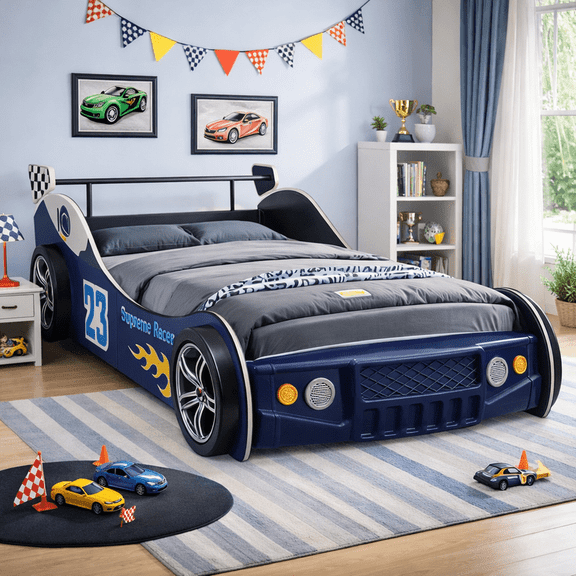 HICOMILA Twin Size Race Car Bed for Boys -Supreme Energy Red Race Car Bed Frame, Spider Man Beds, Car Bed with Cool LED Lights & Guardrails, Reading&Fun Space, 250 lbs Capacity, Easy Assembly, Blue