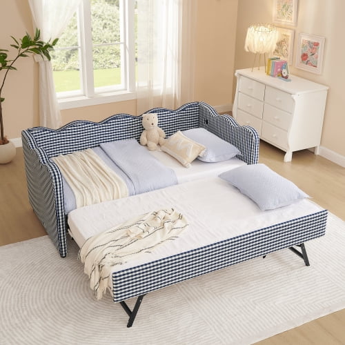 HICOMILA Twin Daybed & Trundle – USB, Solid Wood, No Box Spring, Space-Saving, Plaid Linen
