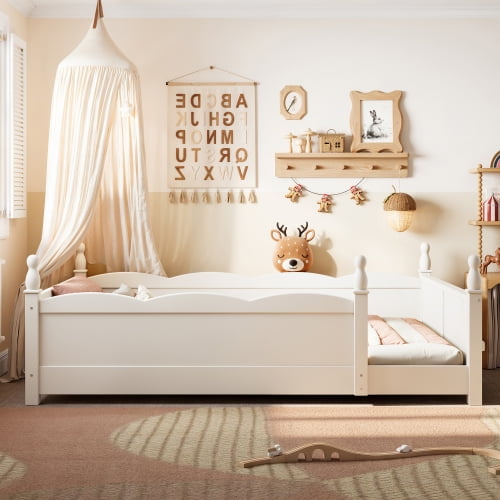 HICOMILA Twin Floor Bed with Guardrails and Book Shelf