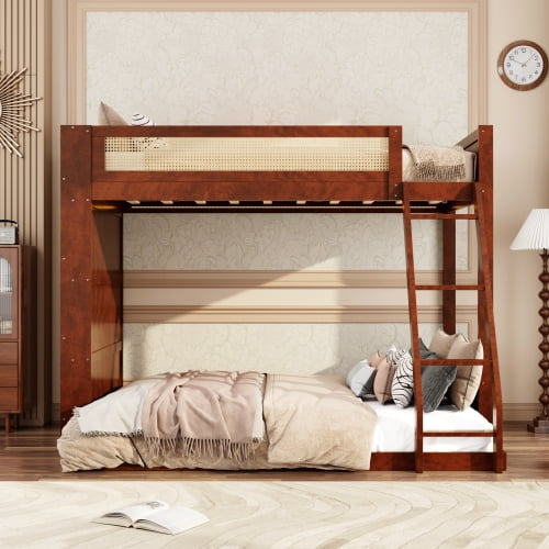 HICOMILA Twin over Full Bunk Bed with Side Shelves, LED Light, Solid Wood Frame,Espresso, Loft Bed with Storage, No Box Spring Needed, for Bedroom Guest Room