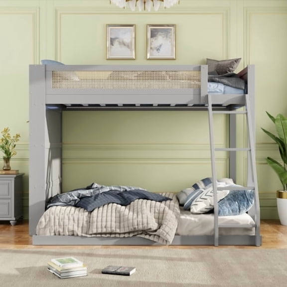 HICOMILA Twin over Full Bunk Bed with Side Shelves, LED Light, Solid Wood Frame, Gray, Loft Bed with Storage, No Box Spring Needed, for Bedroom Guest Room