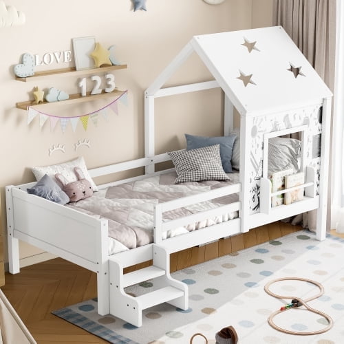 HICOMILA Twin Size House Beds with Stairs, Bookshelf and Blackboard, Boys Girls Twin Platform Bed with Fences and Star-Shape Roof, White