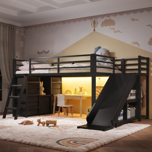 HICOMILA Twin Loft Bed with Slide, Ladder, and Storage