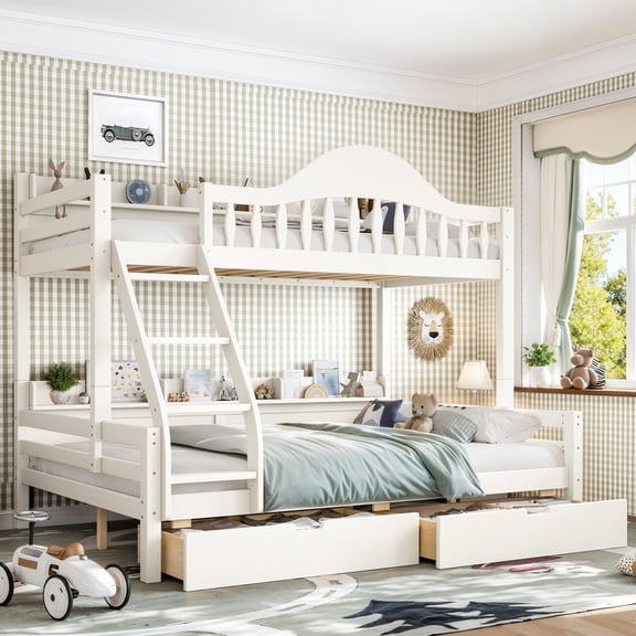 HICOMILA Twin Over Full Convertible Bunk Bed with 2 Storage Drawers & Chic Curved Guardrail, Solid Wood Frame with Ladder. Beige