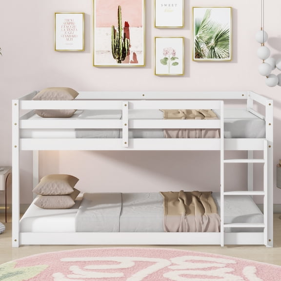 HICOMILA Twin Over Twin Low Floor Rubber Wood Bunk Bed with Wide Ladder & Reinforced Plywood Slat Platform, White
