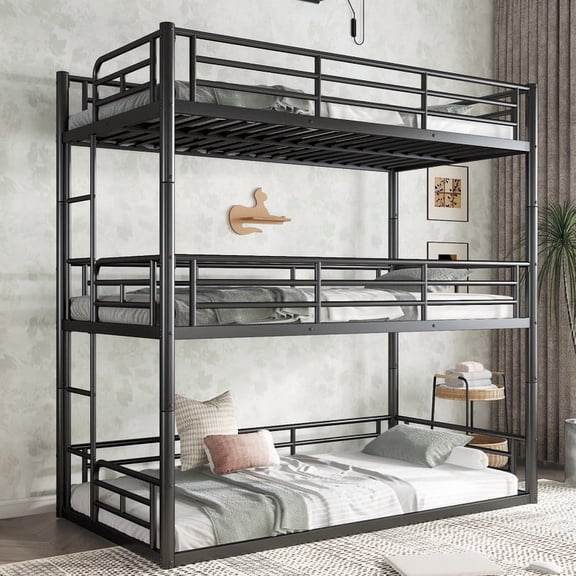 HICOMILA Twin Over Twin Over Twin Bunk Bed, Metal Triple Bunk Bed with Safety Guardrails, Heavy Duty Noise-Reduced Bunk Bed, Black