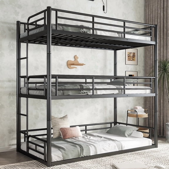 HICOMILA Twin Over Twin Over Twin Bunk Bed, Metal Triple Bunk Bed with Safety Guardrails, Heavy Duty Noise-Reduced Bunk Bed, Black