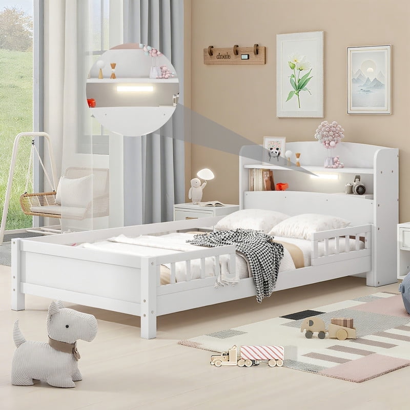 HICOMILA Twin Size Bed with Safety Guardrails and Storage Headboard, Wood Platform Bed Frame with Shelves and Built-in LED Light, White