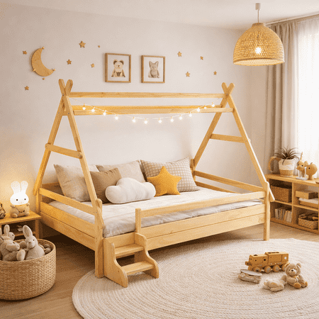 HICOMILA Twin Size House Beds with Stairs, Low Profile Solid Wood House Shape Platform Bed, Childlike Fun Design, Space Saving Full Bed Frame, Natural