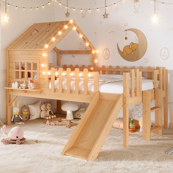 HICOMILA Twin Size House Loft Bed with Slide and LED Lights, Wooden Playhouse Loft Bed with Star Moon Roof & Window, Full Loft Bed Frame with Ladder and Safety Rails, No Box Spring Needed, Natural