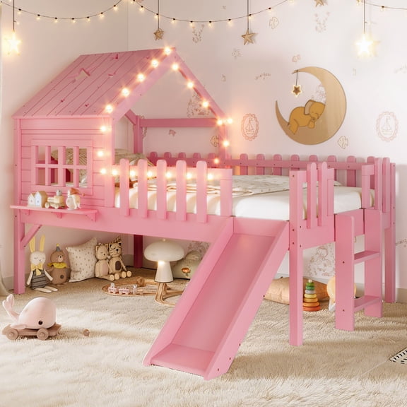 HICOMILA Twin Size House Loft Bed with Slide and LED Lights, Wooden Playhouse Loft Bed with Star Moon Roof & Window, Full Loft Bed Frame with Ladder and Safety Rails, No Box Spring Needed, Pink