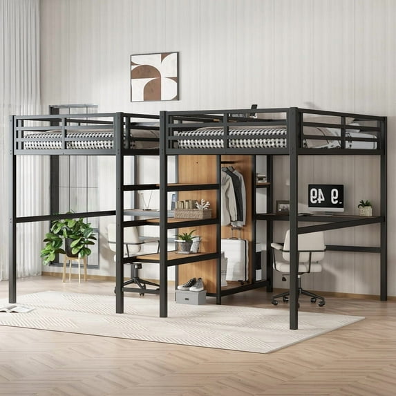 HICOMILA Twin Size Loft Bed with Desk and Stairs,Metal Double Loft Beds with Wardrobe and USB Outlet, Heavy Duty Loft Bed for 2 with Storage Shelves, Noise Reduced,Woodgrain