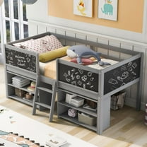 HICOMILA Twin Size Low Loft Bed with 2 Moveable Storage Shelves, Loft Bed Frame with Chalkboard, Ladder, Safety Guardrails for Teens, Grey