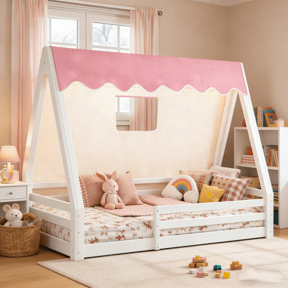 HICOMILA Twin Size Montessori House Floor Bed, Montessori Floor Playhouse Beds Frame for Boys&Girls with Tent and Light, Solid Wood House Bed with Full-length Guardrails, Childlike Design, White
