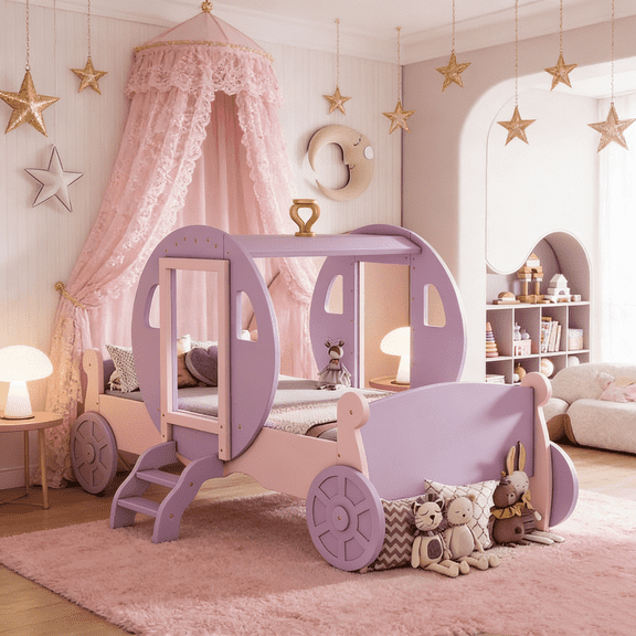 HICOMILA Twin Size Princess Bed for Girls, Princess Carriage Bed with Crown & Stairs, Twin Car Camping Platform Bed Frames with Slats, Purple+Pink