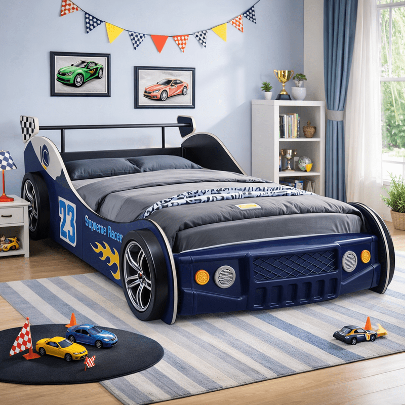 HICOMILA Twin Size Race Car Bed for Boys -Supreme Energy Red Race Car Bed Frame, Spider Man Beds, Car Bed with Cool LED Lights & Guardrails, Reading＆Fun Space, 250 lbs Capacity, Easy Assembly, Blue