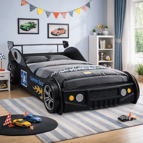HICOMILA Twin Size Race Car Bed for Boys -Supreme Energy Red Race Car Bed Frame, Spider Man Beds, Car Bed with Cool LED Lights & Guardrails, Reading&Fun Space, 250 lbs Capacity, Easy Assembly, Black