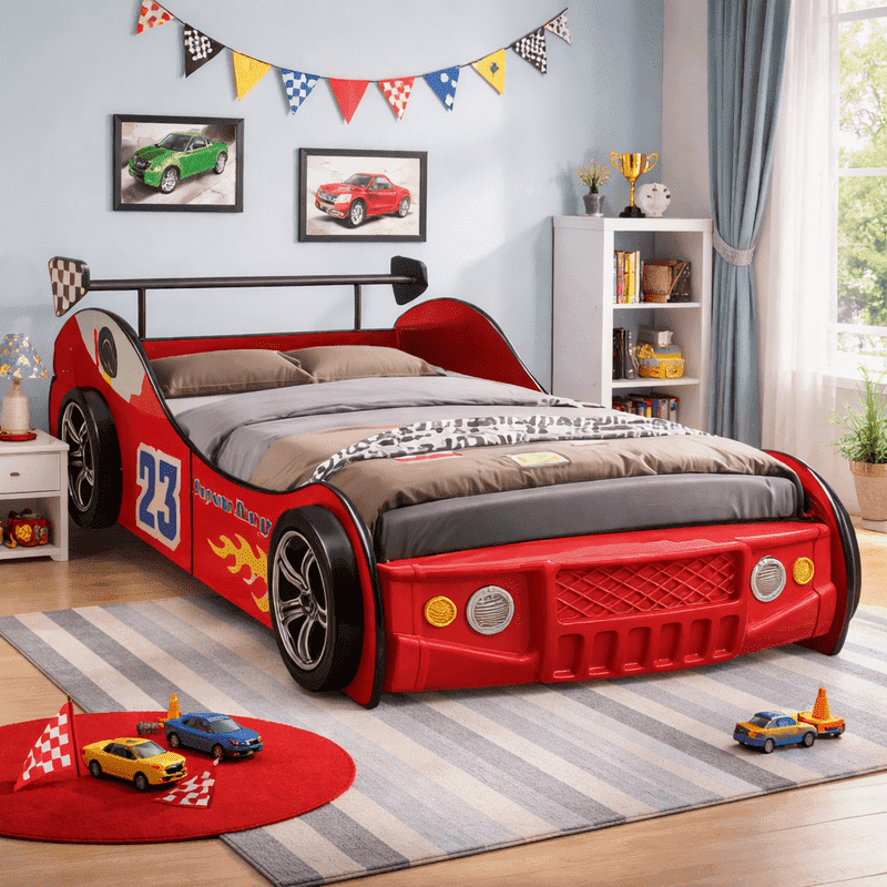 HICOMILA Twin Size Race Car Bed for Boys -Supreme Energy Red Race Car Bed Frame, Spider Man Beds, Car Bed with LED Lights & Guardrails, Reading＆Fun Space, Easy Assembly, Red