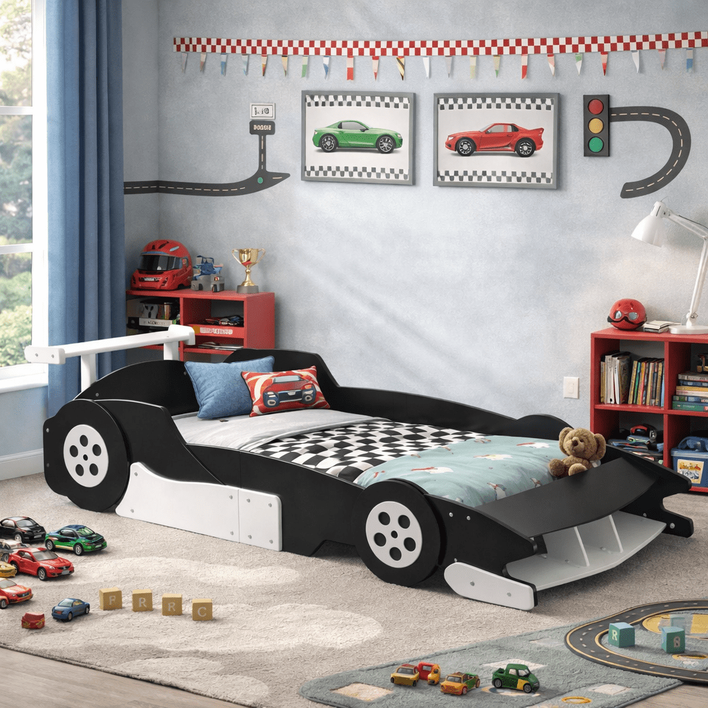 HICOMILA Twin Size Race Car-Shaped Platform Bed with Wheels, Car Bed Frame for Boys Girls, Wooden Twin Floor Bed, Black