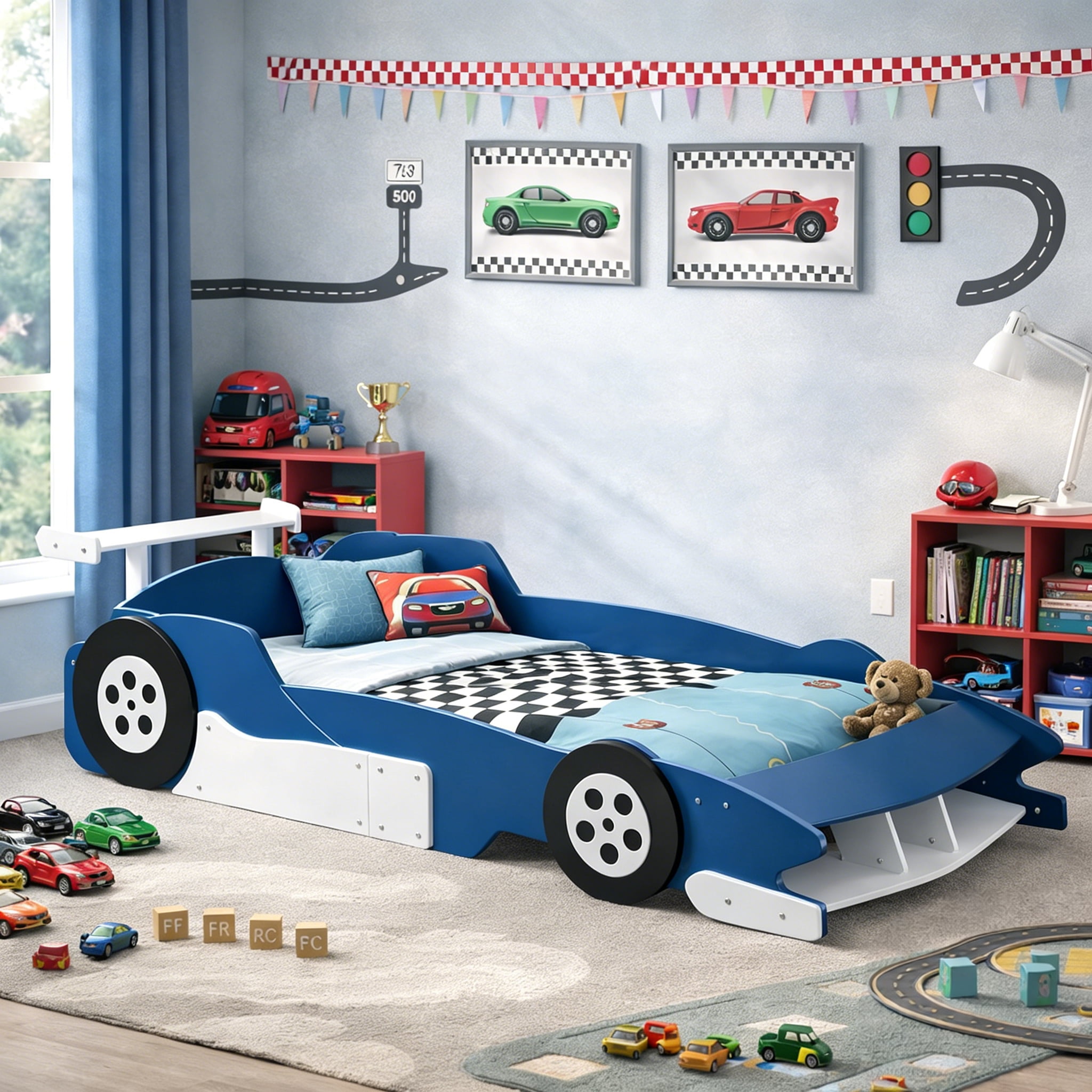 HICOMILA Twin Size Race Car-Shaped Platform Bed with Wheels, Car Bed Frame for Boys Girls, Wooden Twin Floor Bed, Blue