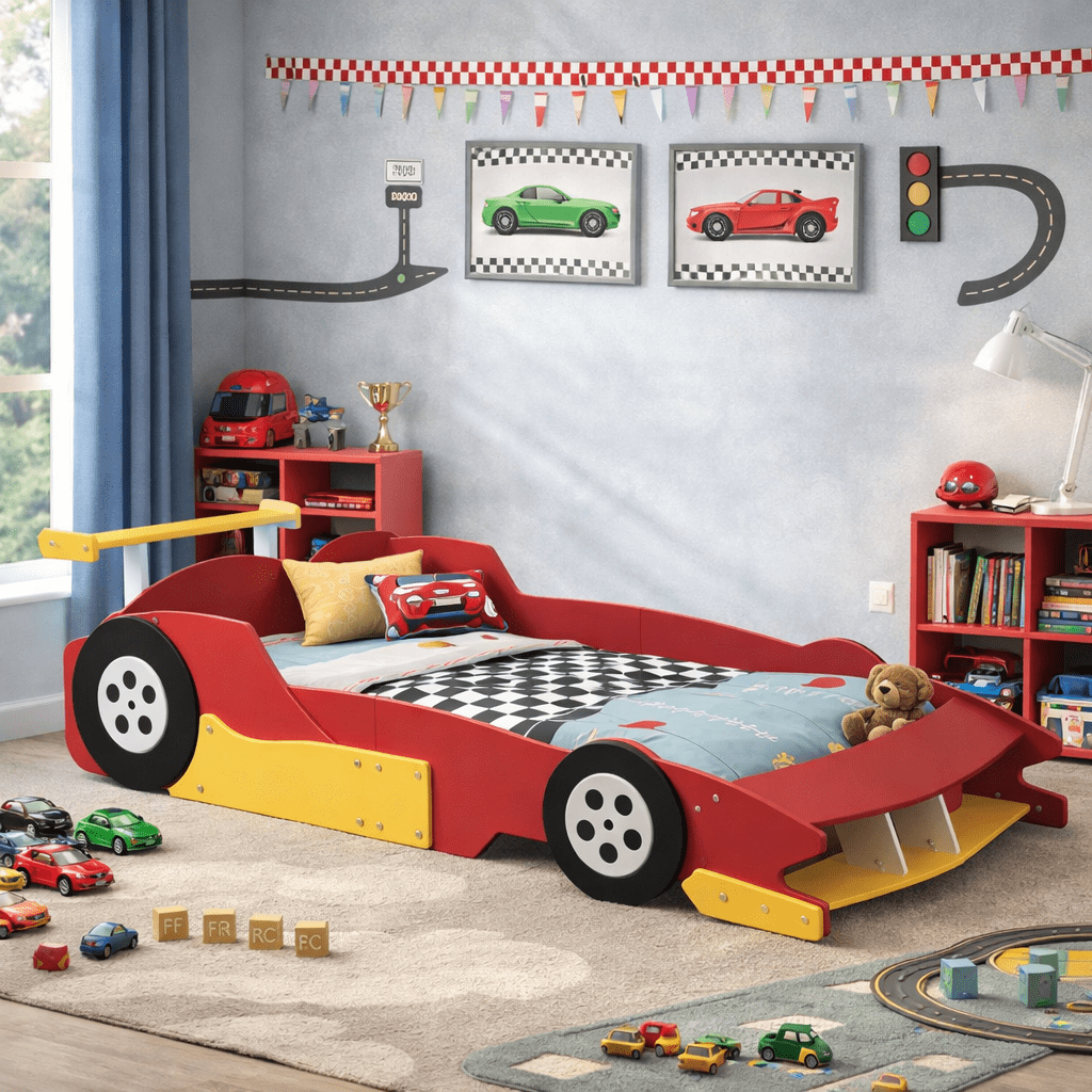 HICOMILA Twin Size Race Car-Shaped Platform Bed with Wheels, Car Bed Frame for Boys Girls, Wooden Twin Floor Bed, Red