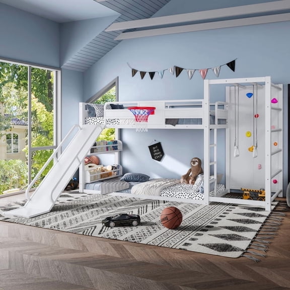 HICOMILA Twin Sports Themed Metal Loft Bed with Slide, Climbing Wall, Basketball Hoop & Built-in Bookshelves, Multi Play Metal Frame Bed, White