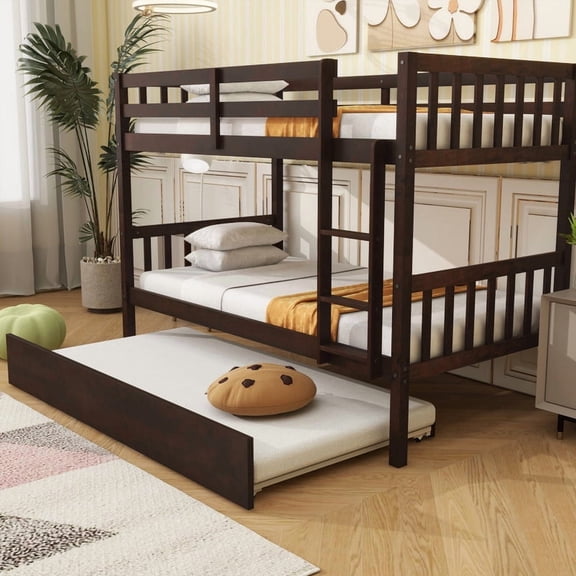 HICOMILA Twin Over Twin Rubber Wood Bunk Bed with Pull Out Trundle, Convertible into 2 Separate Twin Beds, Built-In Ladder & Full Safety Guardrails, Espresso
