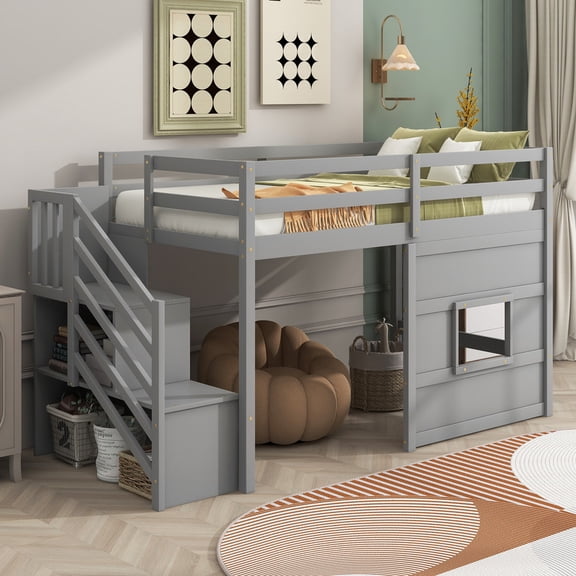 HICOMILA Twin Wood Loft Bed with Storage Staircase, Built-in LED Light & Decorative Window, Low Profile Solid Pine MDF Loft Bed, Gray
