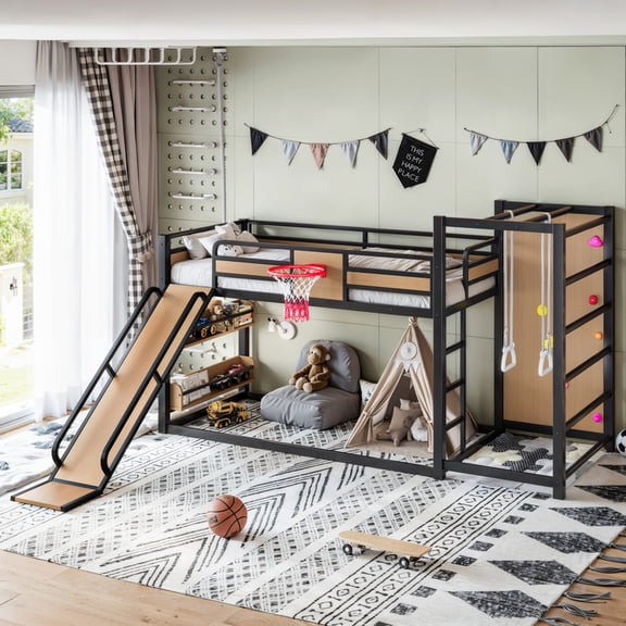 HICOMILA Twin XL Metal Loft Bed with Basketball Hoop, Pull-Up Rings, Climbing Wall, Slide, Built-In Bookshelves, Black