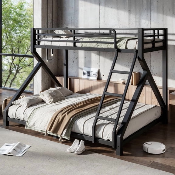 HICOMILA Twin XL Over Queen Bunk Bed with Ladders, Metal Bunk Bed with Full Upgraded Support Slats, Low Profile Bunk Bed, Black