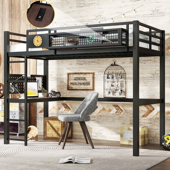 HICOMILA Twin XL Size Loft Bed Frame with Desk, Storage Basket, Side Clock, Charging Port & Pegboard, Space-Saving Metal Loft Bed for Dorms Bedroom Black