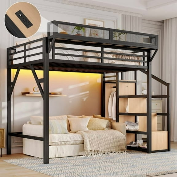 Full Size Loft Bed with Stairs, Wood Loft Beds Frame with Storage Wardrobe, Loft Bed Full with Hanging Rod for Teens Adults, Space Saving Design & No Box Spring Needed,Gray