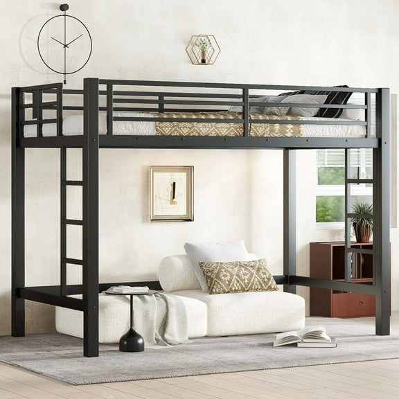 HICOMILA Twin XL Size Metal Loft Bed with Safety Guard Rails & Flat Ladder, Bed Frame for Teens and Adults, Black