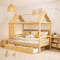 thumbnail image 1 of HICOMILA Twin House Bed with Storage Drawers and Shelves, Solid Wood House Platform Bed Frame with Roof Design for Boys Girls, Wooden Twin Bed with Built-in Storage, Childlike Design, Natural, 1 of 12
