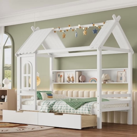 HICOMILA Twin Size House Beds with Storage Drawers & Shelves, Twin Bed Frame with House-shaped Roof for Girls&Boys , Childlike Design, White
