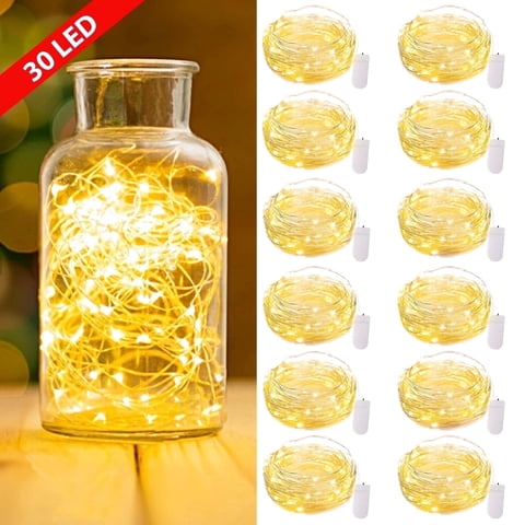 HIDAWN 12 Pack Upgrade Fairy Lights CR2032 Battery Operated,9.8ft 30 LED Waterproof Mini String Lights Copper Wire Firefly Starry Lights-Warm White