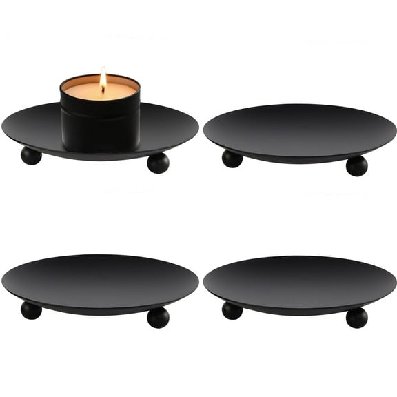 HIDAWN 4PCS Black Iron Plate Candle Holder, Decorative Metal Pillar Candle Plate, Pedestal Candle Stand,4.33''D x 0.79'' H