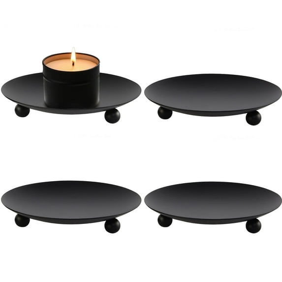 HIDAWN 4PCS Black Iron Plate Candle Holder, Decorative Metal Pillar Candle Plate, Pedestal Candle Stand,4.33''D x 0.79'' H