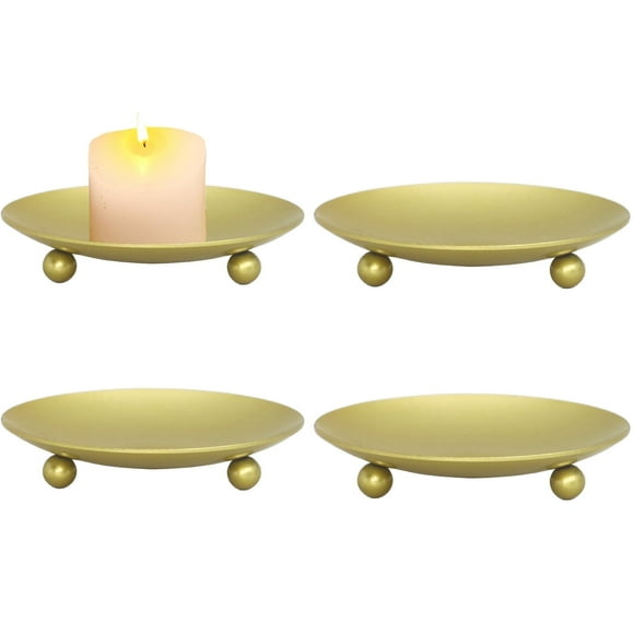 HIDAWN 4PCS Gold Iron Plate Candle Holder, Decorative Metal Pillar Candle Plate, Pedestal Candle Stand,4.33''D x 0.79'' H