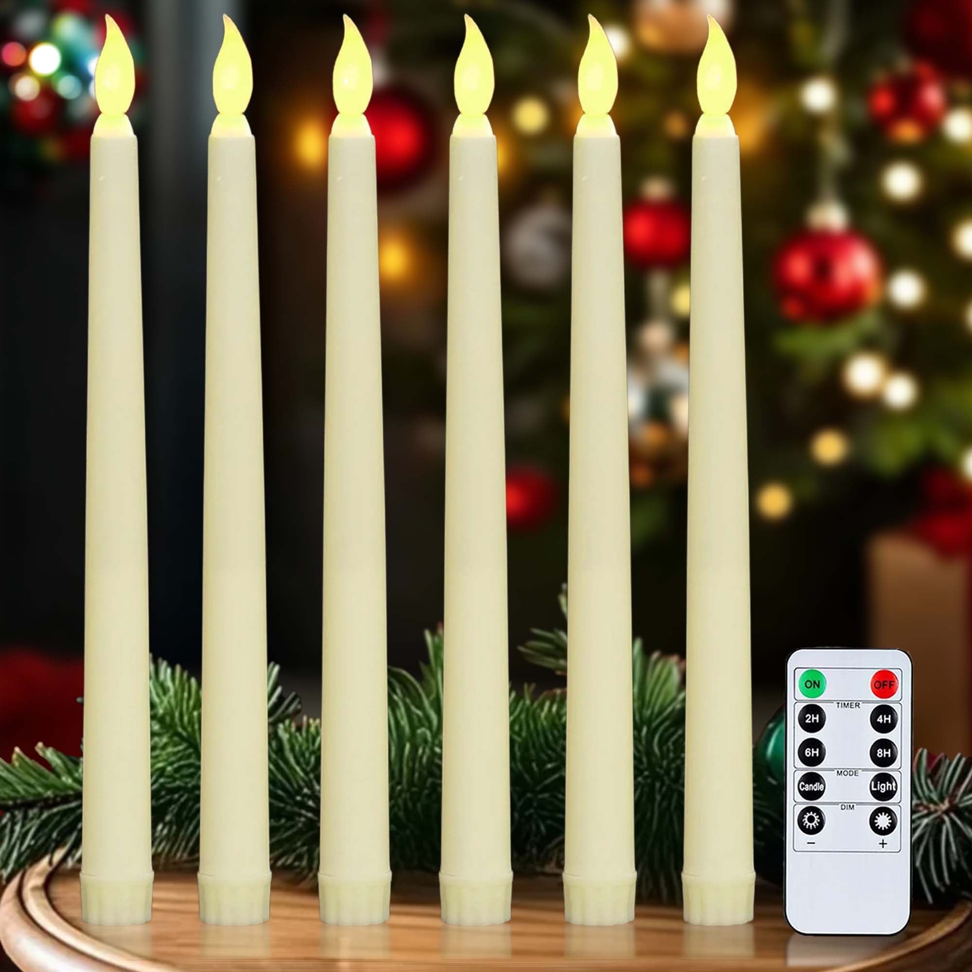 6-Pack Flameless Taper Candles With Remote – Timer, Dimmer, 9.64” Dripless Ivory LED Window Candles – Flickering 3D Flame For Fireplace, Mantel, Christmas, Halloween