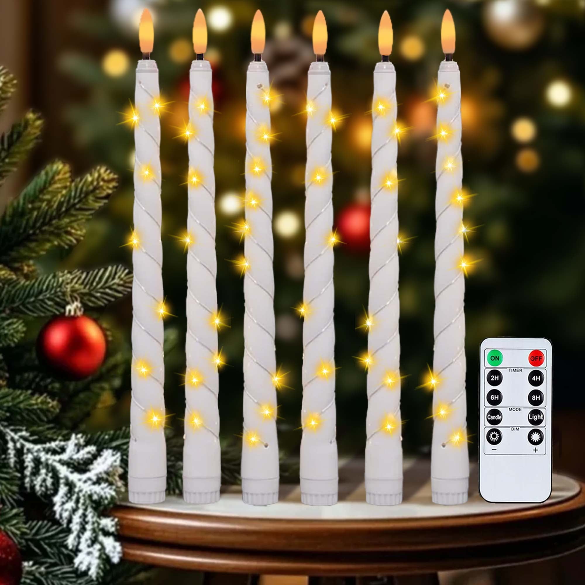 HIDAWN 6Pack Twisted Flameless Taper Candles with Fairy String Lights, Battery Operated Remote Timer 3D Flame Wick Flickering LED Electric Candlesticks Fake Window Candles-White