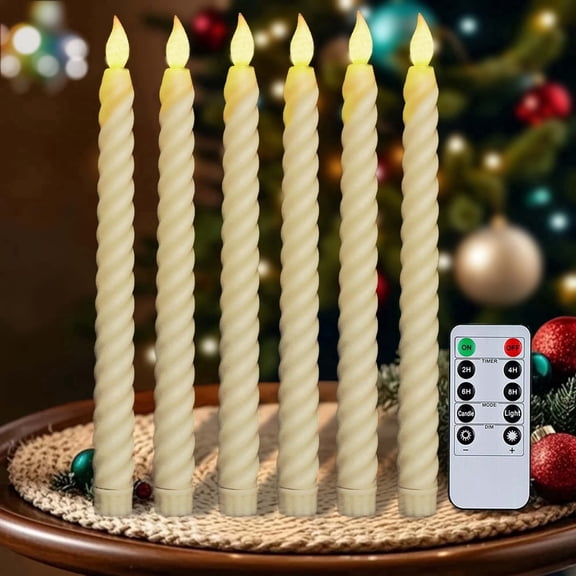 HIDAWN 6Pack Twisted Flameless Taper Candles with Remote Timer,10.04'' Dripless LED Electric Candlesticks,Battery Operated 3D Flame Wick Flickering Fake Window Candles-Ivory