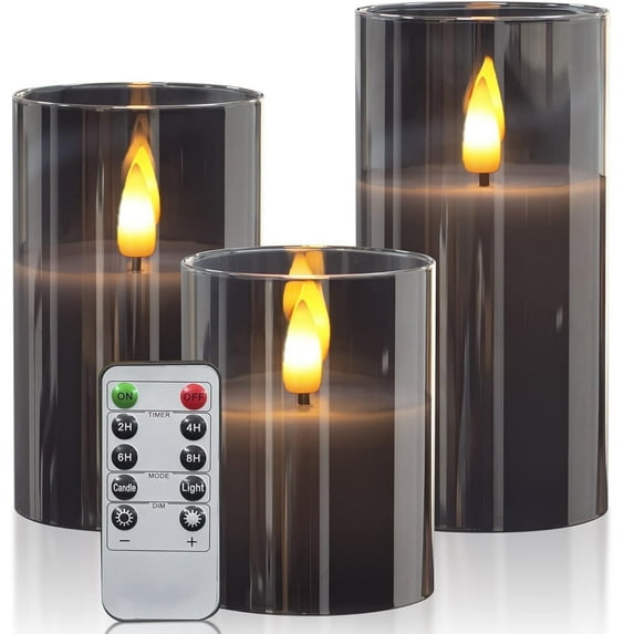 HIDAWN Flameless Candles Flickering with Remote and Timer,3D Wick Acrylic Electric Fake Candles, Battery Operated LED Pillar Candle-Gray 4''x5''x6''